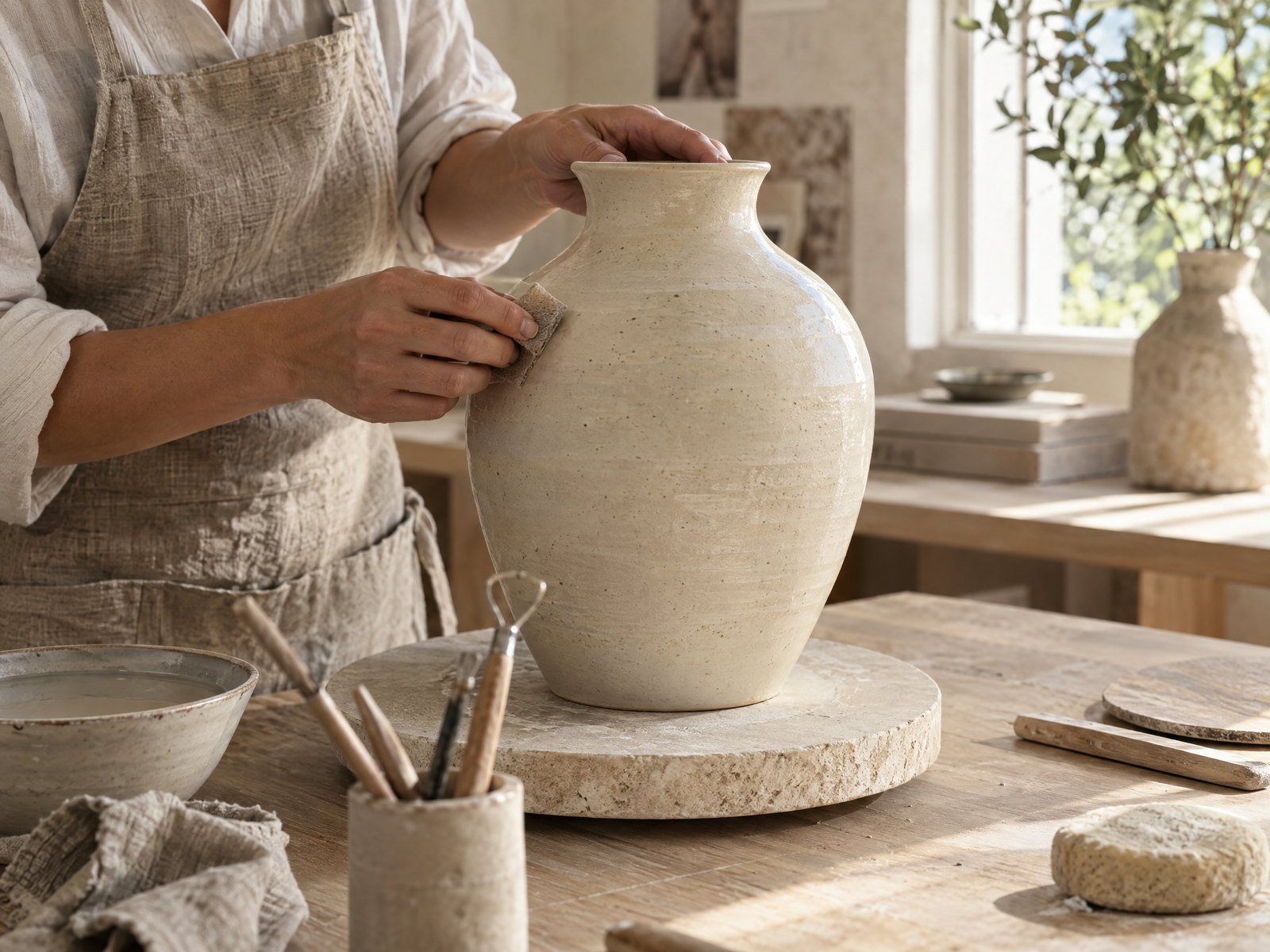 陶艺师在工作室为手作花器修整表面